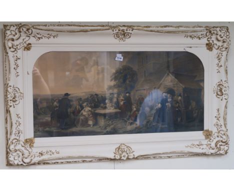 A decorative print of a christening in a rural church in a painted frame Condition Report: Available upon request