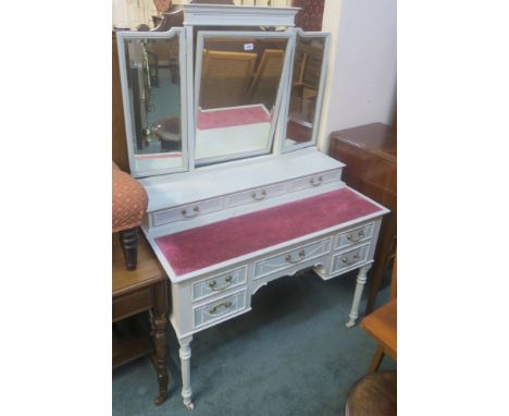 A dressing table with triple mirror painted light green, 162cm high x 107cm wide x 56cm deep Condition Report: Available upon