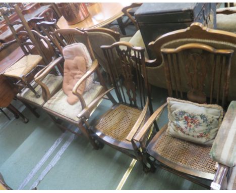 A pair of chairs with rush seats, small ladder back chair with rush seats and two elbow armchairs (5) Condition Report: Avail
