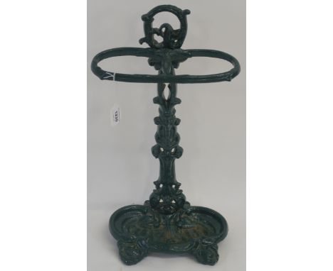 A green painted cast iron stick stand, 56cm high Condition Report: Available upon request