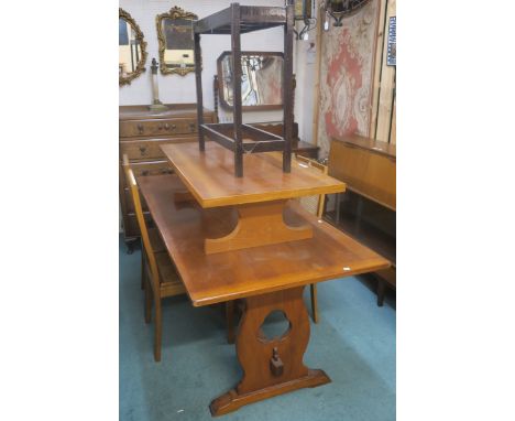 An oak refectory dining table with four dining chairs, 77cm high x 1873cm wide x 84cm deep. an oak low table, 31cm high x 121