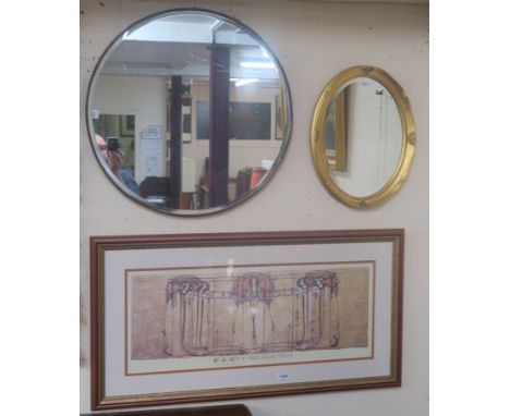 A circular wall mirror with bevelled glass, 62cm diameter, a small gilt wall mirror, 45cm x 35cm and a Margaret Macdonald Mac