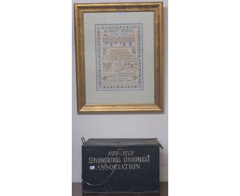 A metal box "Hon Secy Shawlands Unionist Association" and a modern sampler (2) Condition Report: Available upon request