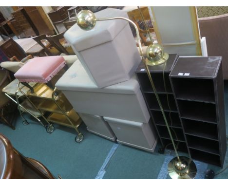 Two tea trolleys, stool, four vinyl ottomans, cheval mirror,  two vinyl shelves and a floor lamp and matching desk lamp (12) 