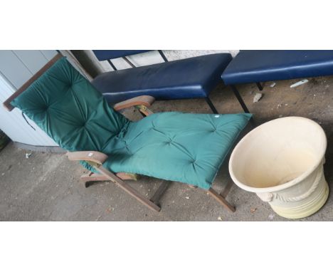 A teak garden longer and cushion, concrete pedestal, 94cm high and a garden planter Condition Report: Available upon request