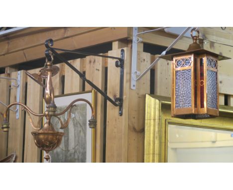 A copper hall lantern with glass panels and a three branch copper ceiling light (only two glass shades) (2) Condition Report: