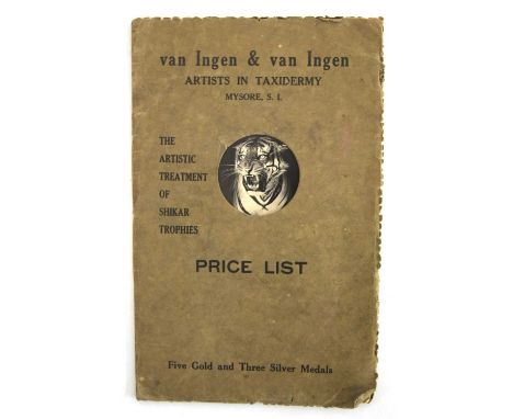 Taxidermy Ephemera: Van Ingen of Mysore, India 1929 - 'The Artistic Treatment of Shikar Trophies - Price List'. Printed at th