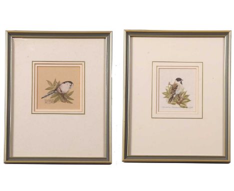 Peter S. Britton (British) Long Tailed Tit and a Reed Bunting, gouache and pastel, signed, 8.5x8cm, 8.5x7.5cm, framed and gla