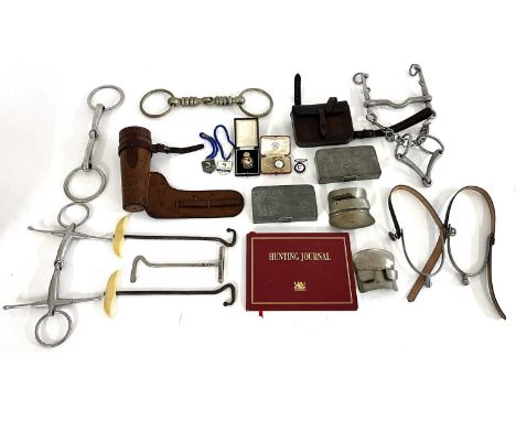 Quantity box lot of assorted hunting / equine items to include boot hooks, Sandwich tins, leather saddle flask holder, horse 