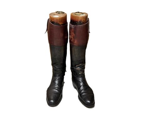 Pair of Hunting topped black riding boots with wooden trees (A/F)