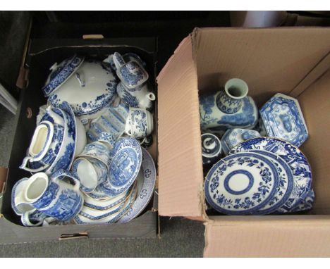 Four boxes of mixed 19th Century and later blue and white ceramics including Spode