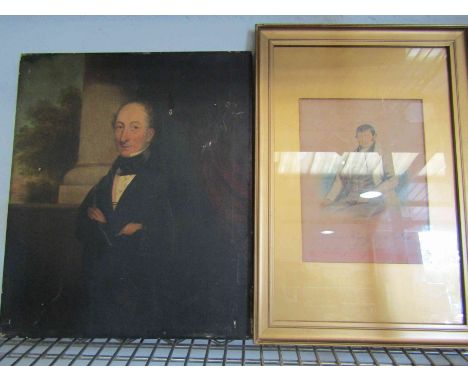 A 19th Century oil on board portrait of 19th Century gentleman, unframed, some heat damage, together with a watercolour portr