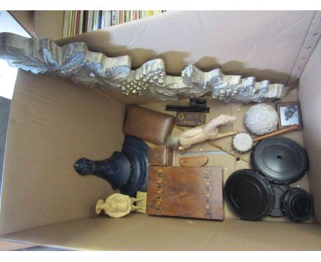 A box of assorted wooden and carved treen including walnut writing box, vase stands, wall bracket and horse figure etc.