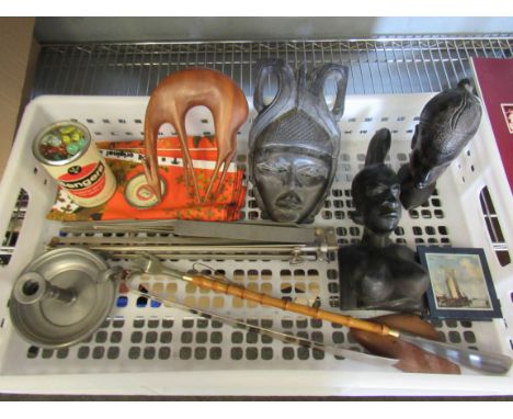 A tray of miscellaneous including carved African busts, shoe horns, pewter candlestick, music stand and marbles etc.