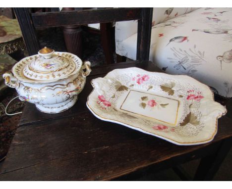 A Victorian lidded sucrier and a two-handled dish decorated with pink flowers, two a/f