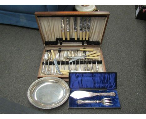 A cased canteen of cutlery, cased plated fish knife and fork and a plated dish