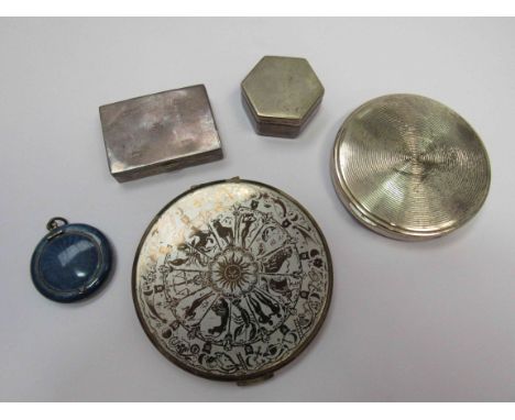 A small hexagonal box, stamped 800. A modern silver rectangular box, hallmarked 2000. Two powder compacts and a blue enamelle