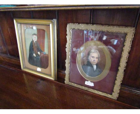 A gilt framed and glazed overpainted portrait of a lady and a framed and glazed portrait of grey haired gentleman