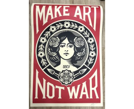 Shepard Fairey (b.1970)- coloured print, 'Make art not war', signed in pencil, unframed, 90 x 60cm***CONDITION REPORT***PLEAS