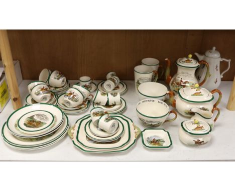 A Copeland Spode hunting pattern tea / coffee set including coffee pot, tea pot and trios, together with a Bavarian floral po