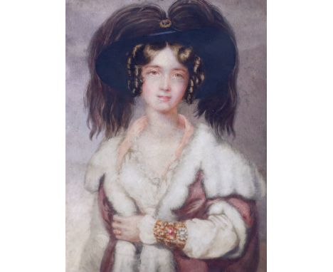 James F. Wilkins (English, 1808-1888), watercolour, Portrait of a lady wearing an elaborate hairpiece and fur trimmed clothes