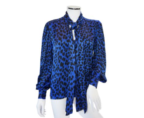 A vintage Saint Laurent royal blue and black leopard print silk blouse, IT40***CONDITION REPORT***In good lightly worn condit