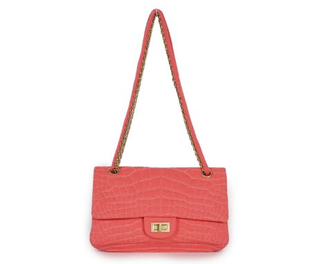 A Chanel coral jersey Croc Reissue 2.55 Classic Flap bag, signature quilted coral jersey canvas, brushed gold hardware, front