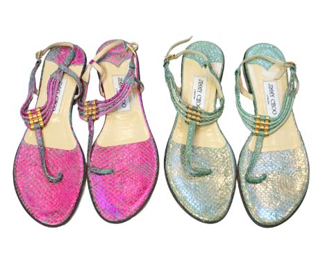 Two pairs of Jimmy Choo lady's metallic snake skin sandals, one pair in green and gold tones and the other in pink and turquo