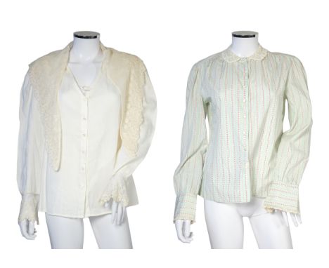 Two Ralph Lauren cotton blouses with lace detail, one cream and the other striped floral with cream lace collar, cream size 1