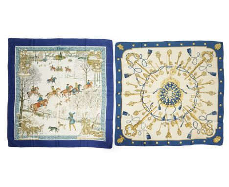 A Hermès 'Les Cles Key' blue border multicolour silk scarf and a Hermès Lhiver blue, white and gold silk scarf, both 90cm x 9