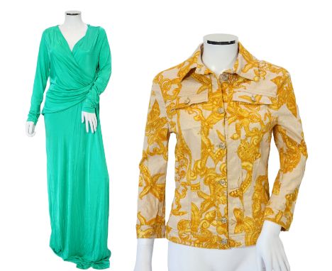 A Versace Collection green long dress and gold and yellow biker style jacket, dress size 52 and jacket size Medium***CONDITIO