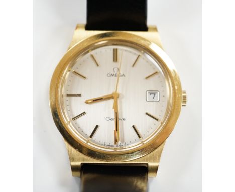 A gentleman's steel and gold plated Omega manual wind wrist watch, with date aperture, on an Omega leather strap with Omega b