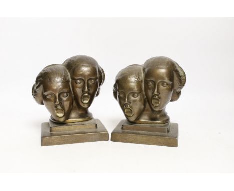 A pair of Art Deco Frankart Inc. patinated metal bookends, 16cm***CONDITION REPORT***PLEASE NOTE:- Prospective buyers are str