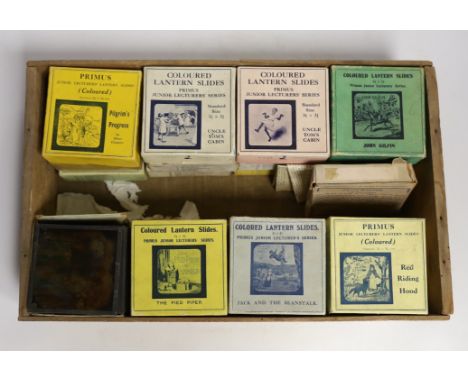 Quantity of boxed magic lantern slides to include Peter Pan, Jack and the beanstalk, Robin Hood etc 24boxes and seven oblong 