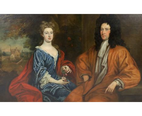 Follower of Michael Dahl (Swedish, 1656-1743), oil on canvas laid on board, Double portrait of a husband and wife with a coun