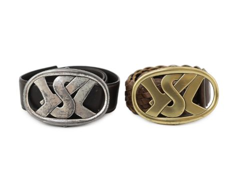 Two Yves Saint Laurent YSL logo belts, one braided tan leather with tarnished gold metalware and the other chrome metal ware 