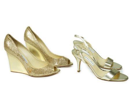 Two pairs of Jimmy Choo gold lady's heeled shoes, one sandal in gold leather and the other in textured metallic gold fabric p