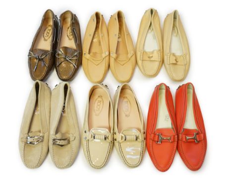 Six pairs of Tod's lady's loafer/driving shoes, variety of colours, gold, tomato, cream, light tan and brown, size EU 38.5***