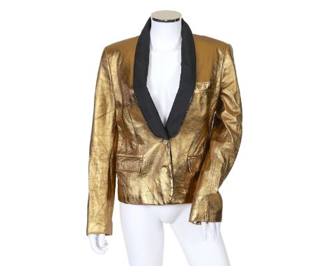 A lady's Dolce &amp; Gabbana gold metallic leather jacket, with black lapels and leopard print lining, size 42***CONDITION RE