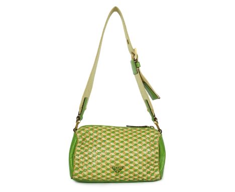 A Prada green and beige leather Intreccio Cube shoulder bag, zip closure with lock included. Woven canvas shoulder strap, gol