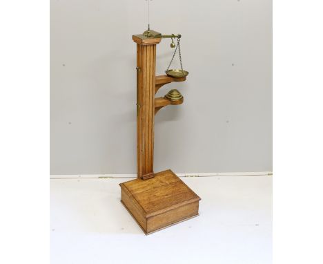 A Youngs of Bear St. London Victorian brass mounted oak personal weighing scales with incorporated height measuring stick, oa