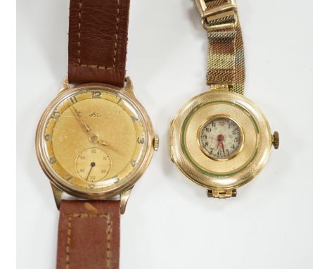 An early 20th century 18ct gold manual wind wrist watch, by Wilsdorf &amp; Davies, on a later three colour 9ct mesh link brac