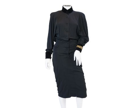 A Karl Lagerfeld black evening dress, stunning dress, velvet collar and velvet cuffs with gold bead embellishment, size EU 38