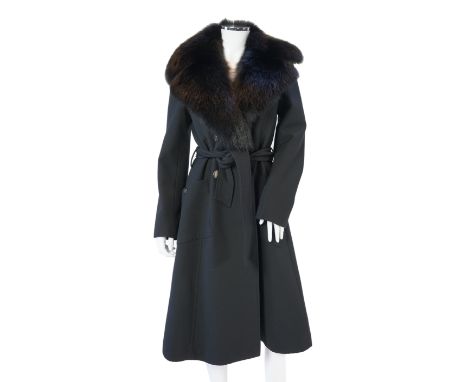A Dolce & Gabbana lady's black wool coat with detachable fur collar, leopard print lining and tie belt, IT 40***CONDITION REP