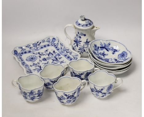 Fourteen Meissen items including a coffee pot, five cups and saucers, a square dish and oval dish, and a posy vase, coffee po