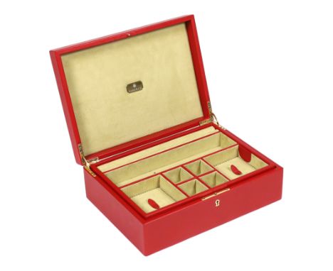 A Fabergé cased red leather jewellery box, width 33cm***CONDITION REPORT***Looks to have had only very light use, comes with 