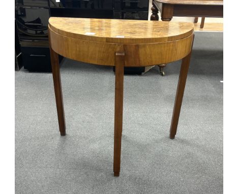 An Art Deco burr walnut D shape card table, width 79cm, depth 40cm, height 76cm***CONDITION REPORT***PLEASE NOTE:- Prospectiv