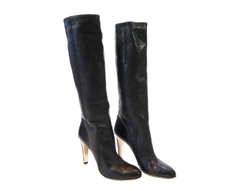 Two pairs of Jimmy Choo black leather heeled lady's boots, one short patent leather and the other long black leather with ros