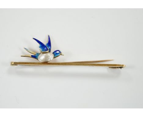 A yellow metal, baroque pearl and enamel bluebird bar brooch, 48mm, gross weight 3.1 grams.***CONDITION REPORT***PLEASE NOTE: