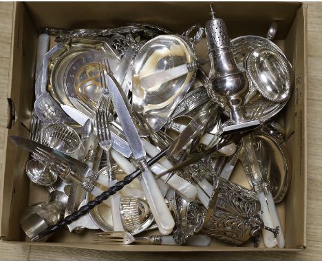 A mixed collection of small silver items to include various dishes, quaichs, pierced dishes, Georgian toddy ladles, egg cups,